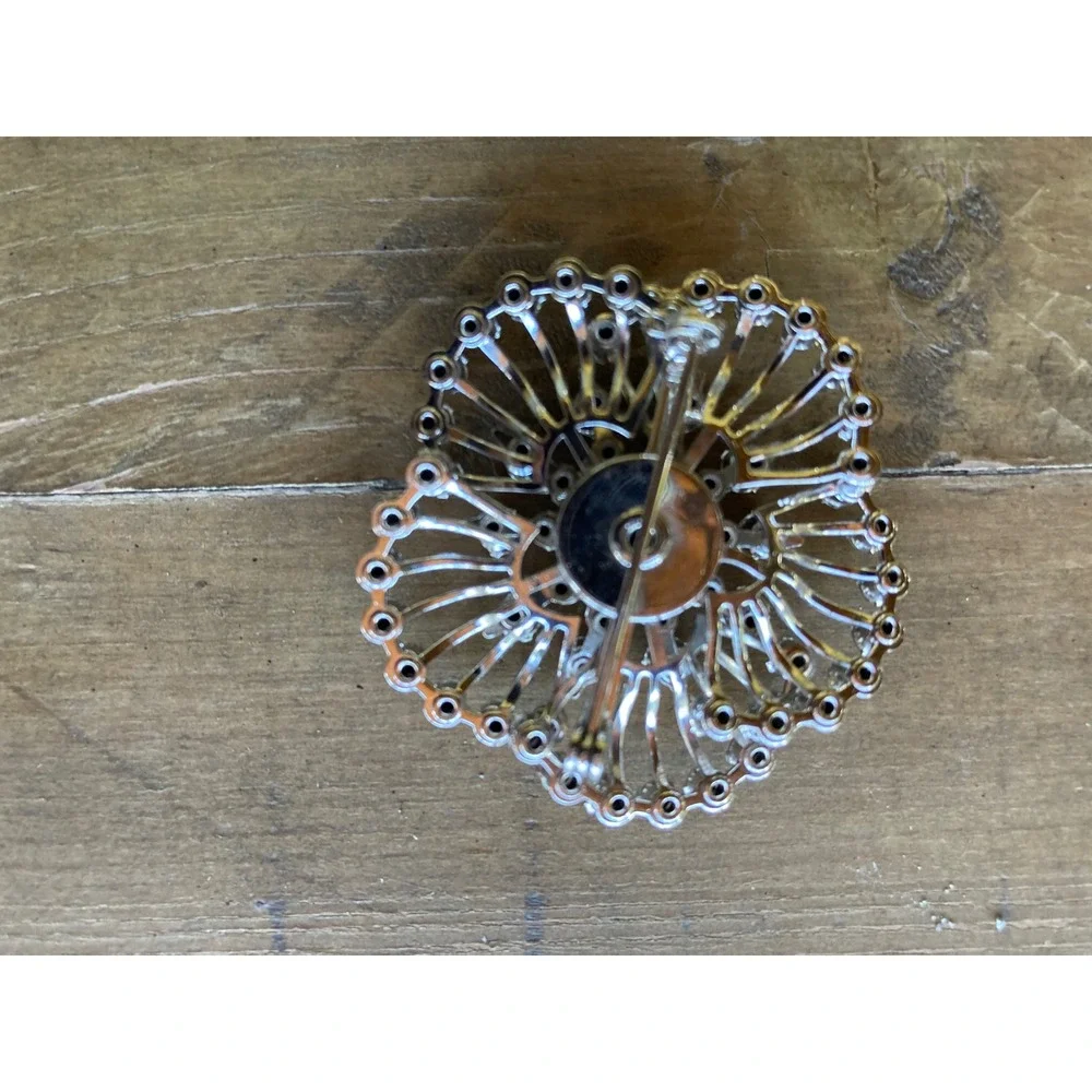 Vintage Silver Tone Rhinestone Sunburst Brooch Pin Clear Crystal Starburst 1.75
